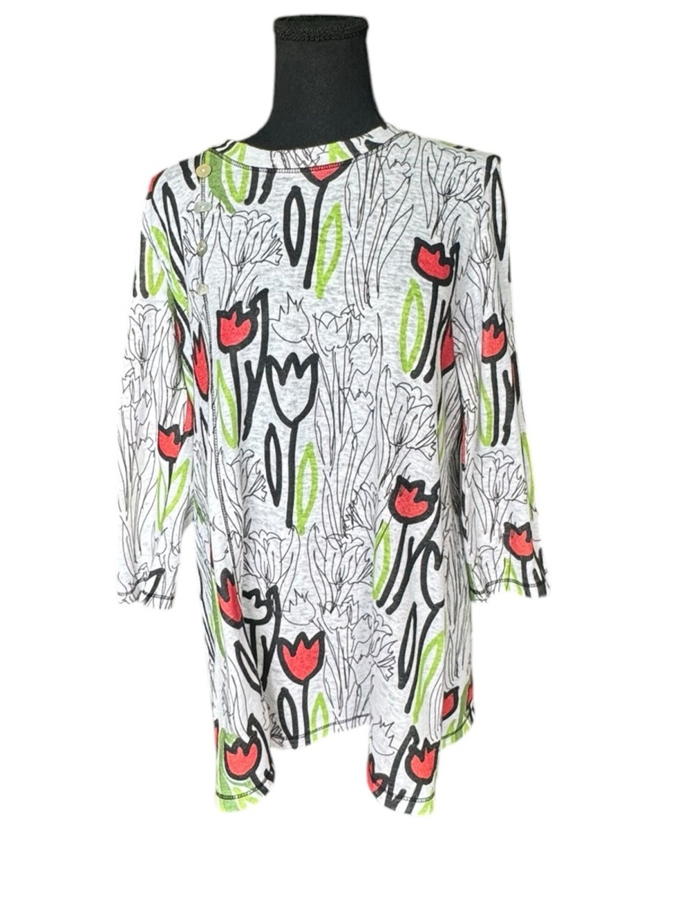 Jess & Jane Tulip Print Tunic Top Medium Artsy Floral Button Accent USA C32
